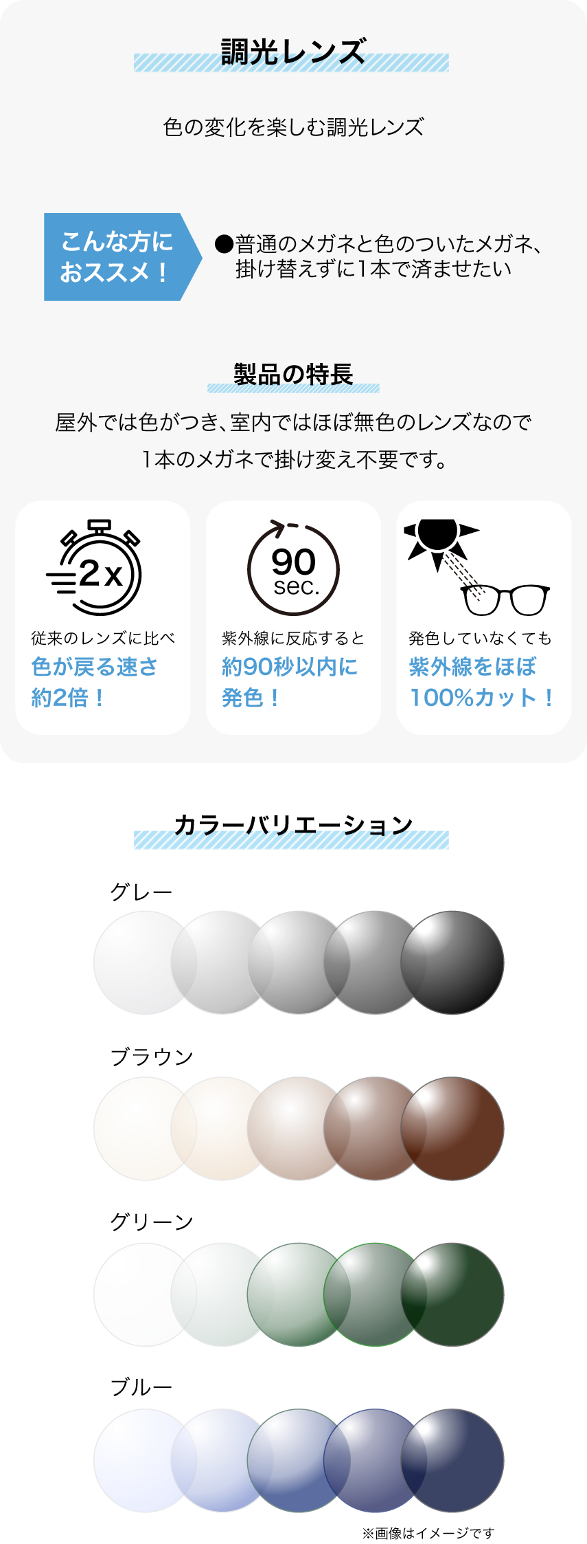 調光レンズは屋外でも室内でも掛け替えずに1本のメガネで済ませたい方におススメ！