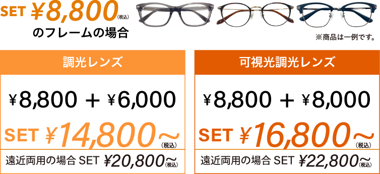 セットメガネ 8,800円：調光レンズはプラス6,000円、可視光調光レンズはプラス8,000円。遠近両用の場合さらにプラス6,000円